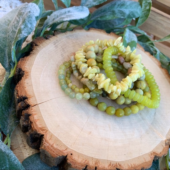 Natural Yellow Turquoise, Green Serpentine & Jade Gemstone Mixed Bead Bracelets - Picture 2 of 8